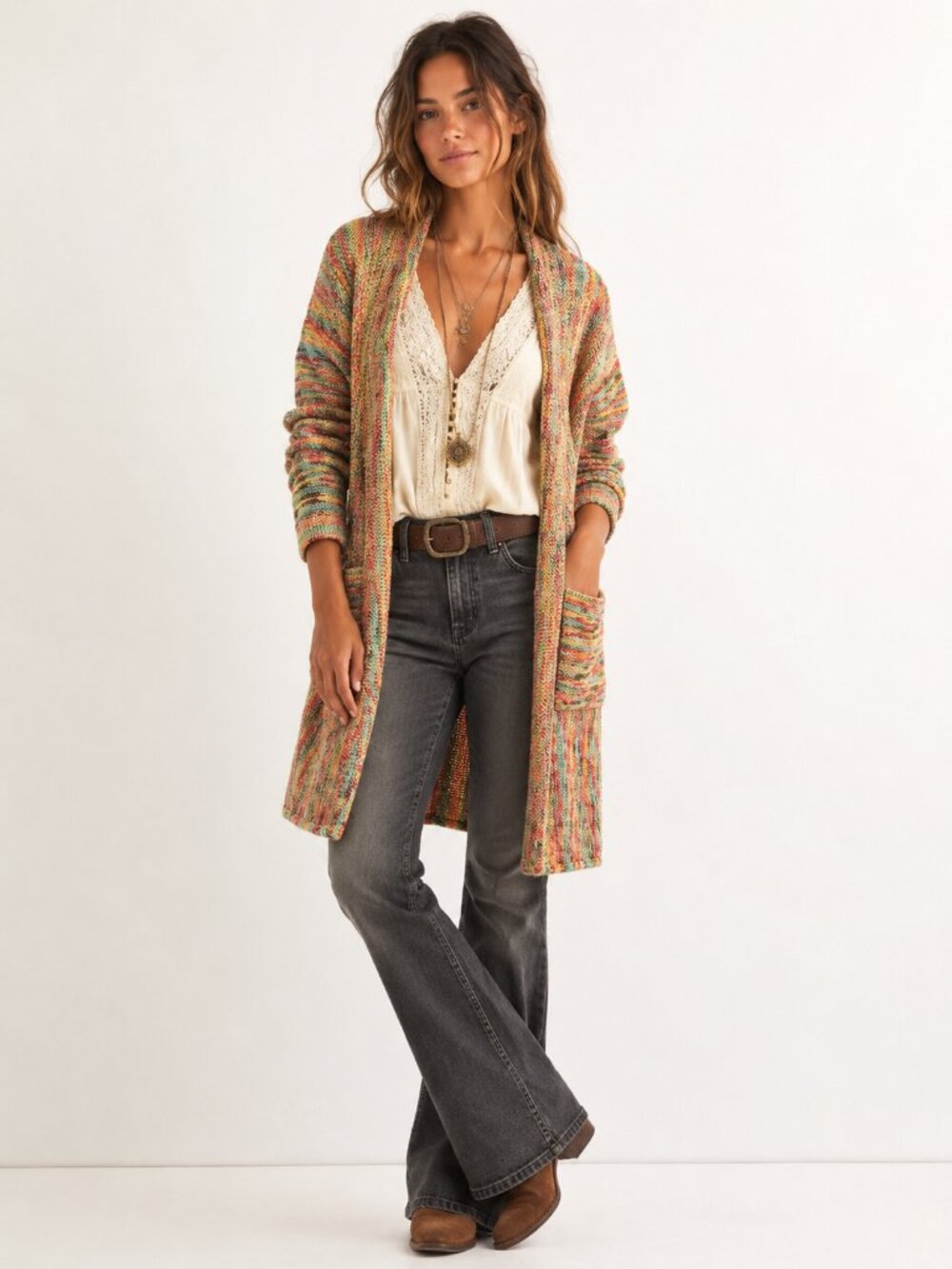 Blakeley Multicolor Knit Cardigan Sweater Long Duster Open Front Pockets OS